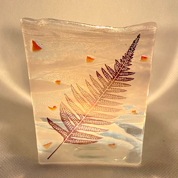 Fused glass tea light shade with metallic copper ferns