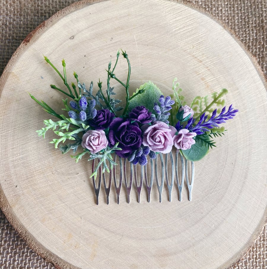 Purple, Lilac and Lavender Flower hair comb, ideal for weddings 