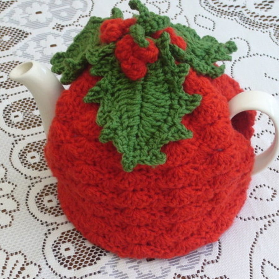 4-6 Cup Crochet Tea Cosy Cosie Cozy Christmas Red with Holly (Made to order)