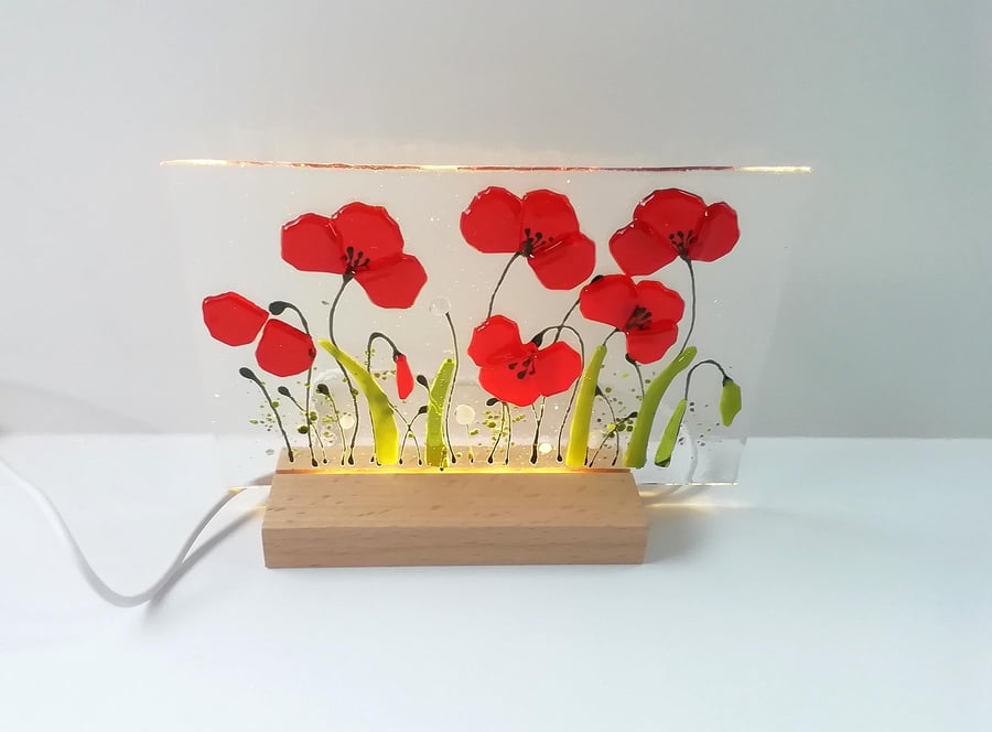 Poppy illuminated light, fused glass art panel, led backlit glass poppies, USB p