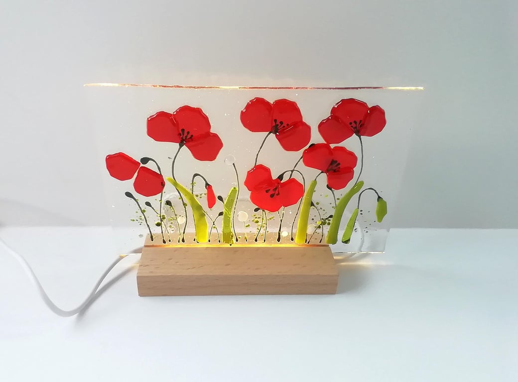 Poppy illuminated light, fused glass art panel, led backlit glass poppies, USB p