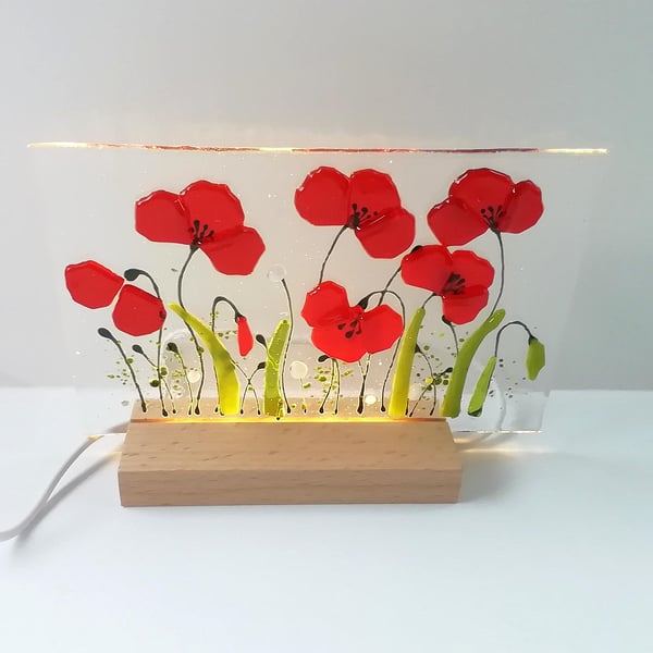 Poppy illuminated light, fused glass art panel, led backlit glass poppies, USB p
