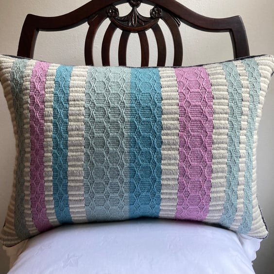 Patsy Cushion: Rose, Sky Blue & Seaglass Green. Handwoven in Wales