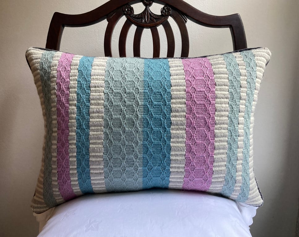 Patsy Cushion: Rose, Sky Blue & Seaglass Green. Handwoven in Wales