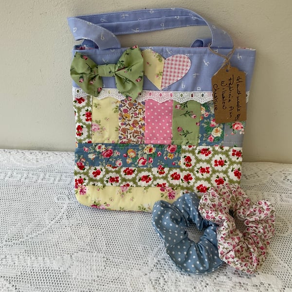 Cute Little Girls Cotton Patchwork Tote Bag and Matching Scrunchies.B.