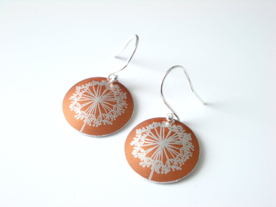 Dandelion clock earrings in orange and silver