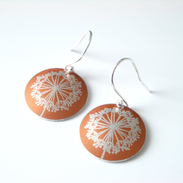 Dandelion clock earrings in orange and silver