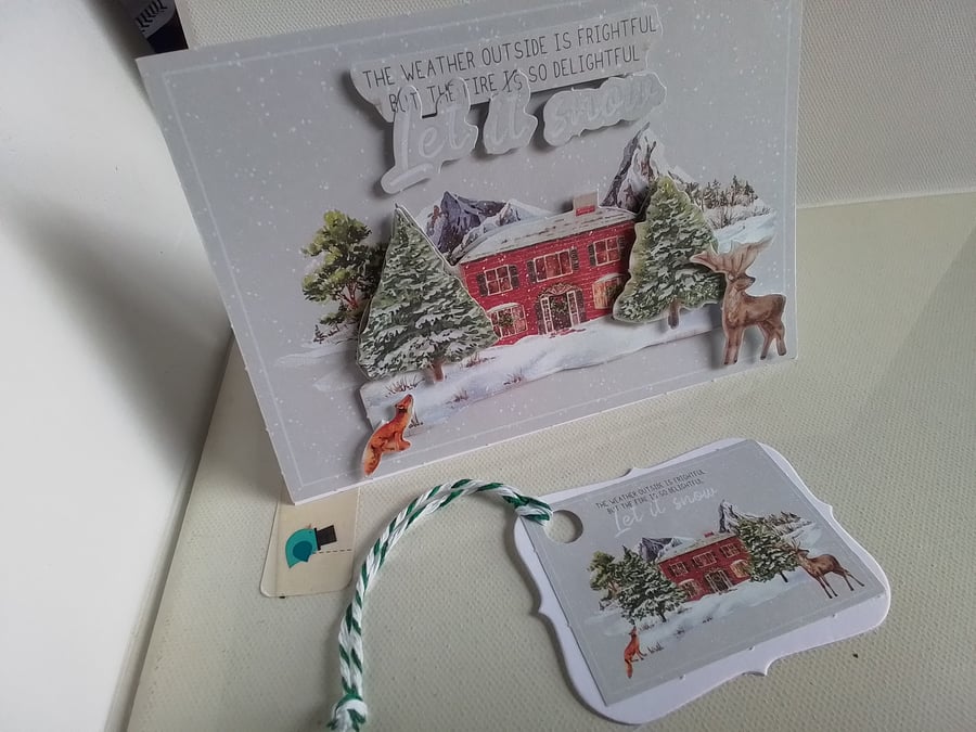 Christmas card and gift tag set. Handmade Christmas card. 3D Christmas card. 931
