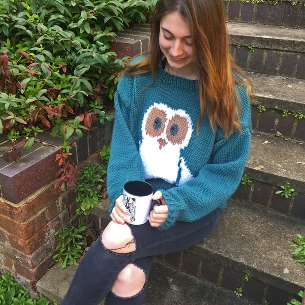 Owl Jumper KNITTING PATTERN in PDF with Oliver Owl intarsia motif, adult sizes 