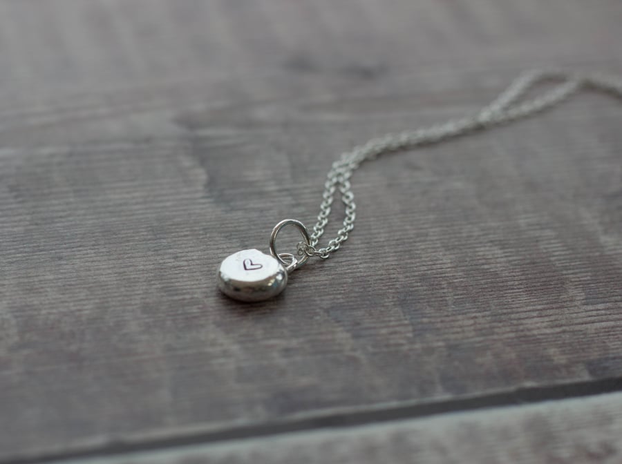 Silver Pebble Pendant with Heart Motif, Christmas Stocking Filler Gift
