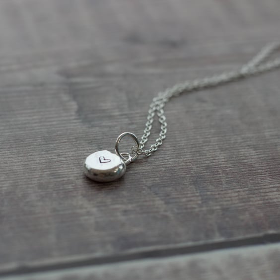 Silver Pebble Pendant with Heart Motif, Christmas Stocking Filler Gift