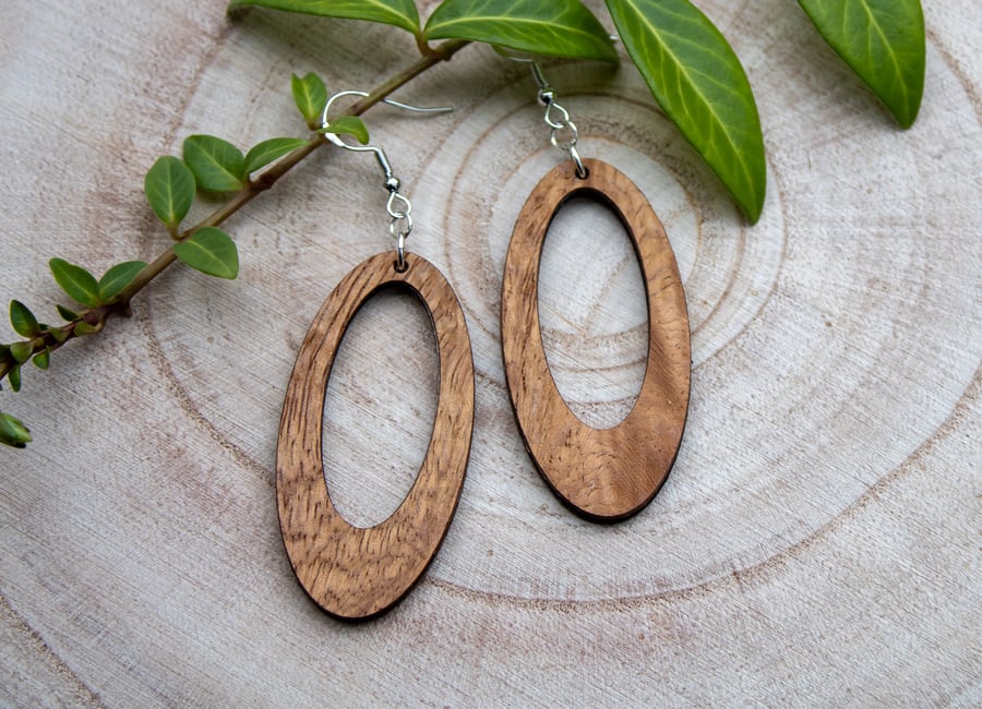 Unique Maple Burl Wood Oval Earrings - Handcrafted Sterling Silver 