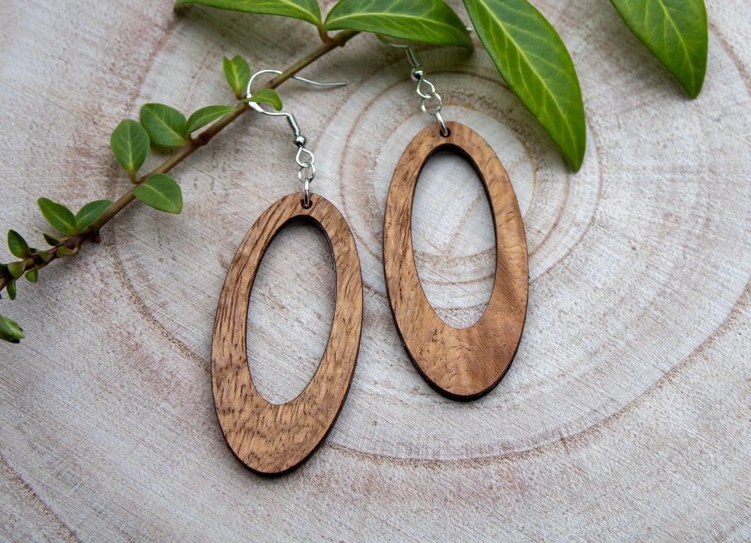 Exotic Burl Wood Oval Earrings - Handcrafted Sterling Silver 