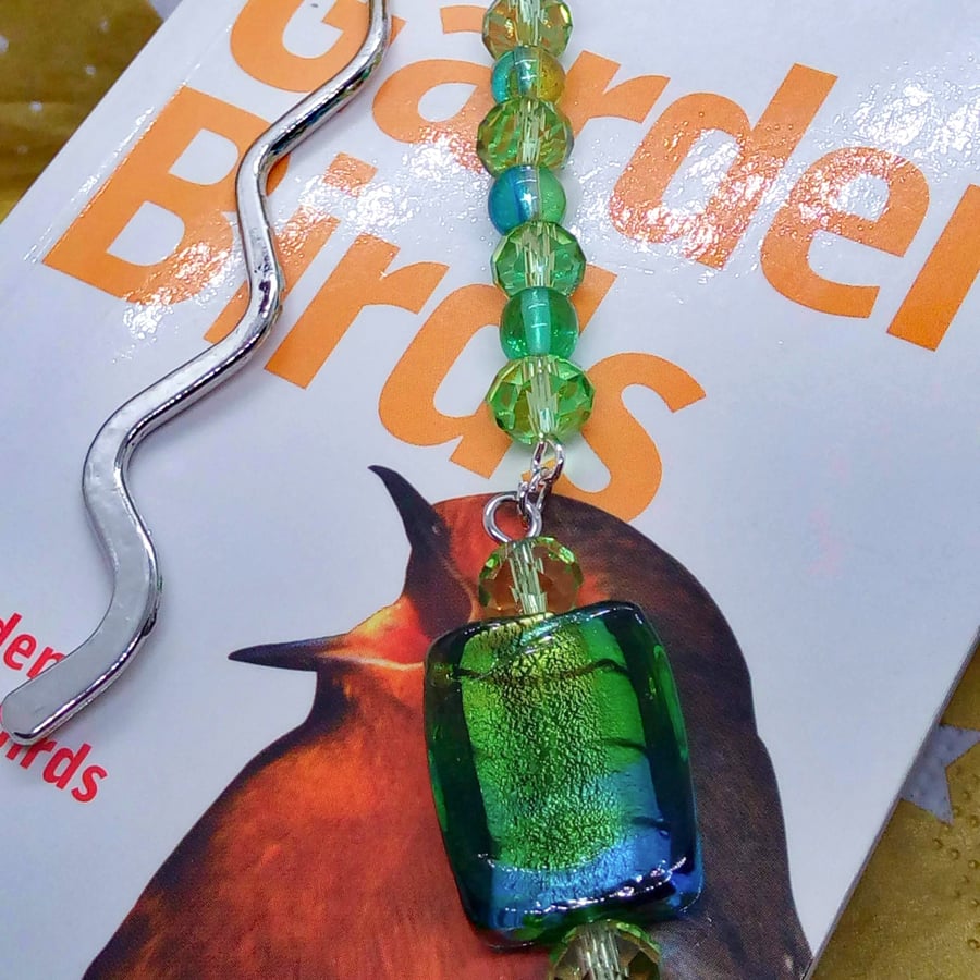 Silver Plated Bookmark with Green Rectangular Bead and Crystals, Gift for Her
