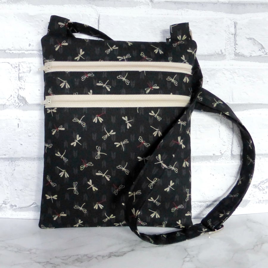 Cross body bag, double zipped, dragonflies.