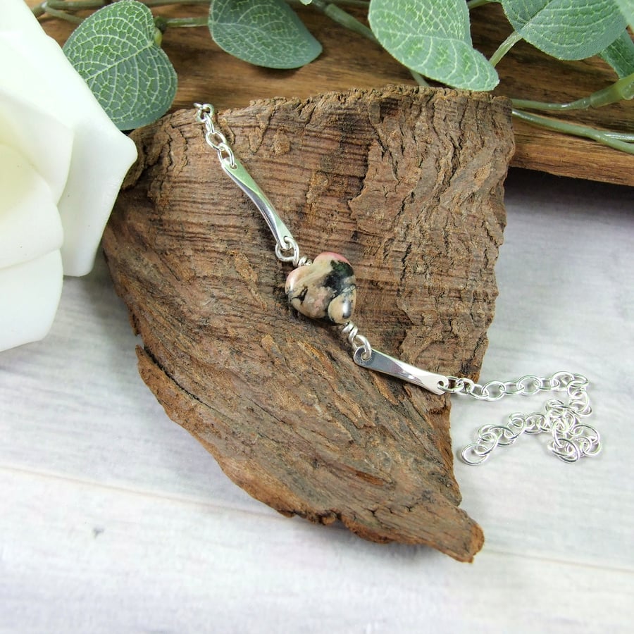 Sterling Silver and Rhodochrosite Heart Bracelet. Adjustable Fit