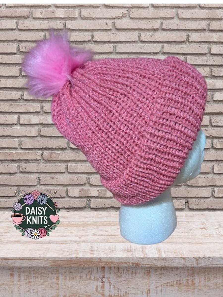 Hand knitted hat, Ladies Beanie Hat, beanie, Pink woolly hat