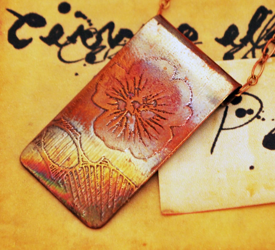 Etched copper flower pendant - copper pendant on brass chain