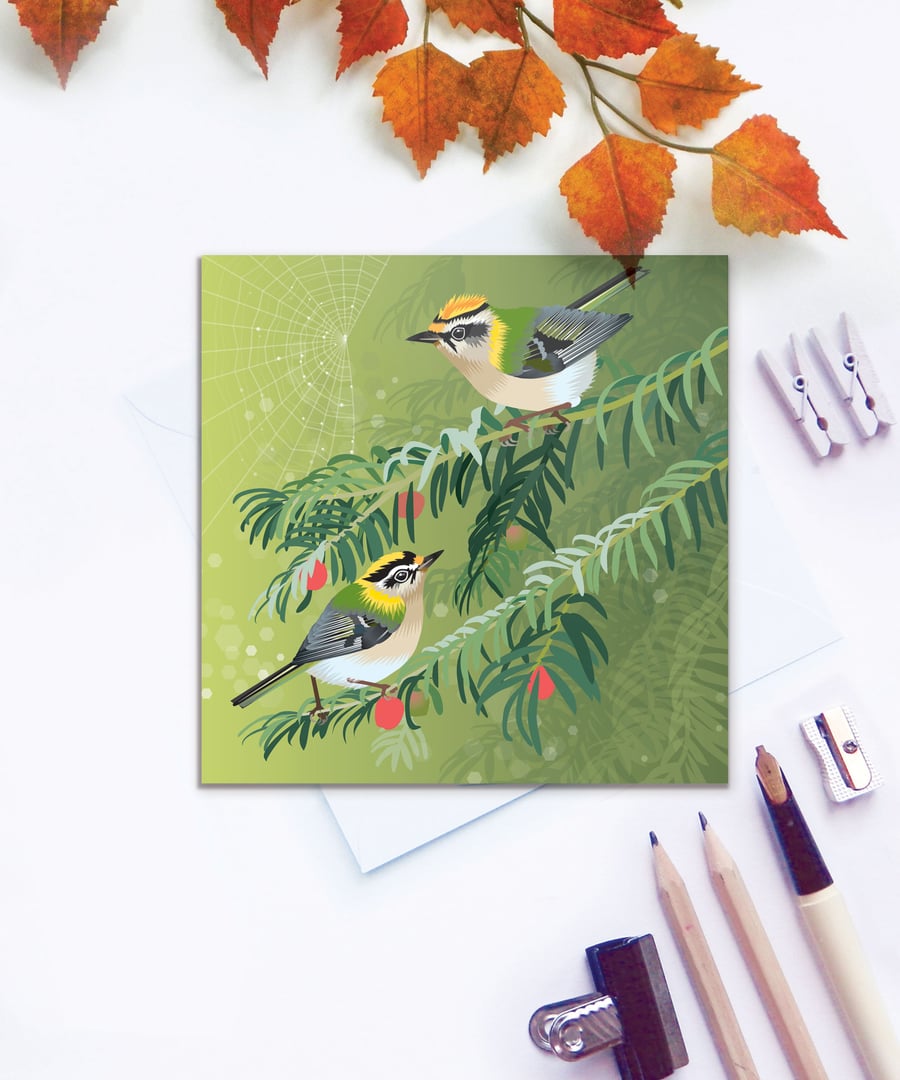 Firecrests on Yew Branch Card - British Bird, Eco Friendly
