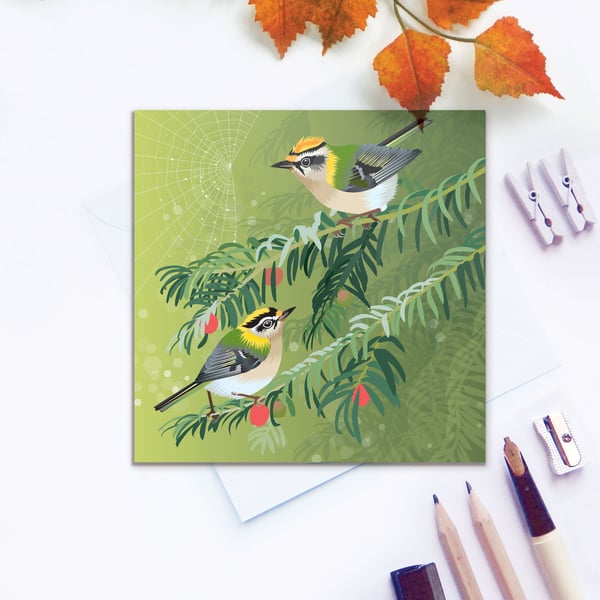 Firecrests on Yew Branch Card - British Bird, Eco Friendly