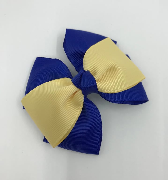 Cobalt Blue and Pale Gold Top Knot Bow on Clip
