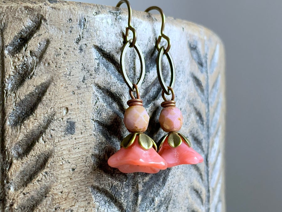 Petite Czech Glass Flower Earrings. Coral Pink Earrings. Spring Jewellery