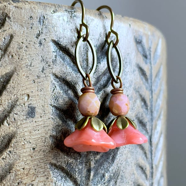 Petite Czech Glass Flower Earrings. Coral Pink Earrings. Spring Jewellery