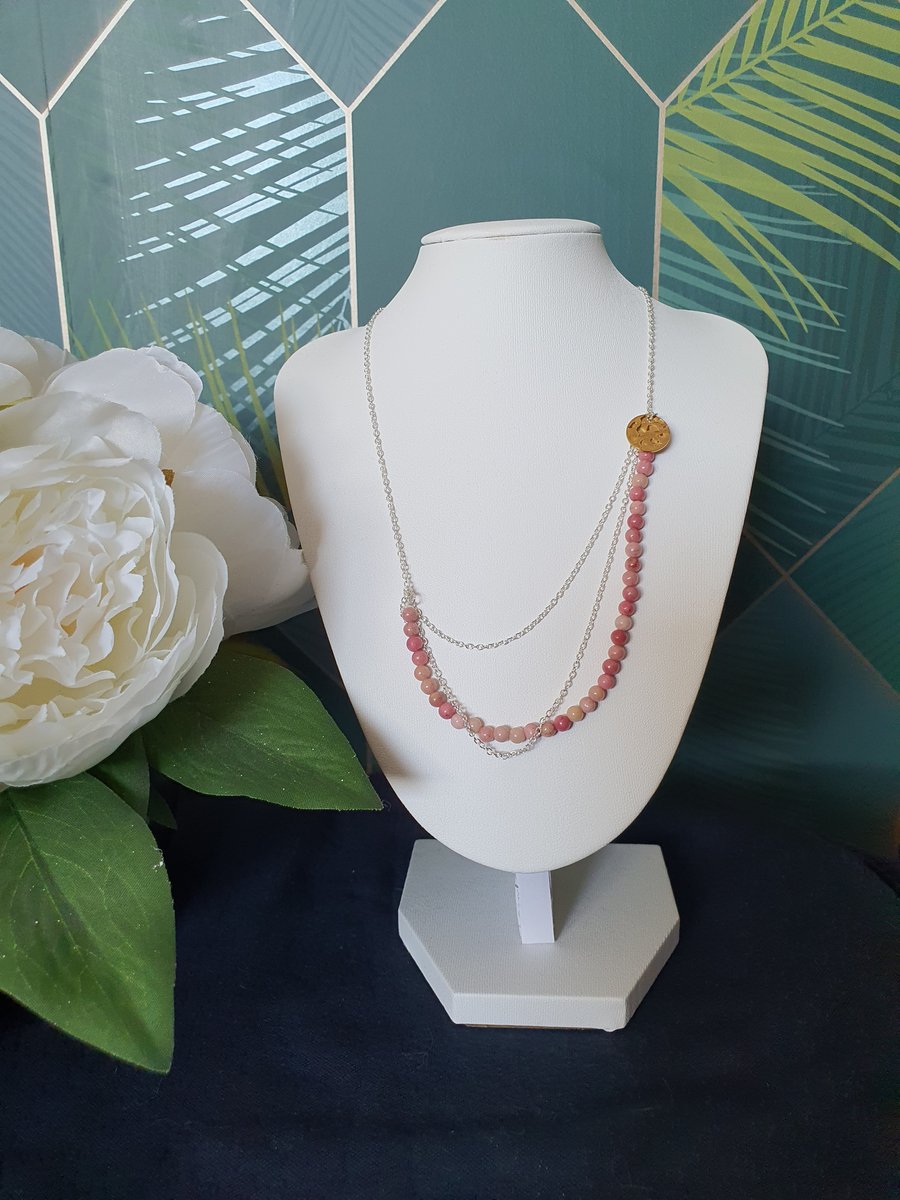 Pink rhodonite gemstone silver necklace