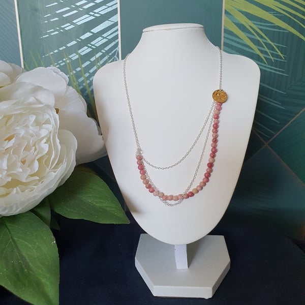 Pink rhodonite gemstone silver necklace