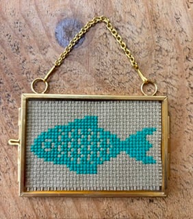 Miniature Framed Teal Fish Embroidery