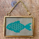 Miniature Framed Teal Fish Embroidery