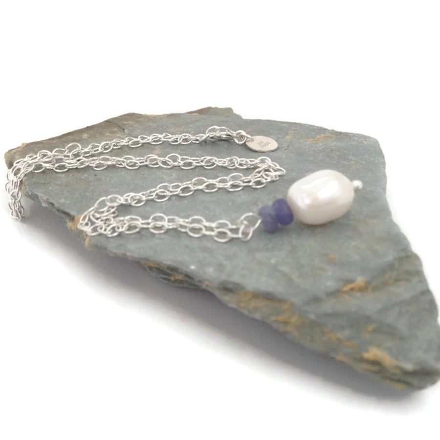 Sterling Silver White Freshwater Pearl & Tanzanite Necklace