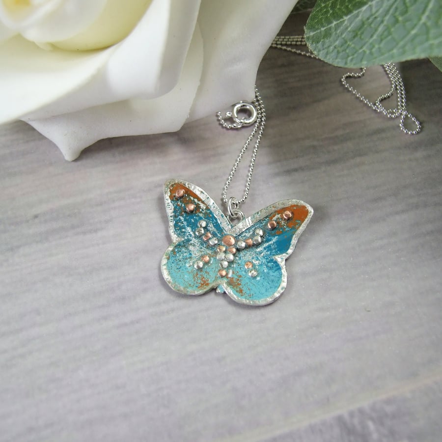 Silver Artisan Butterfly Pendant. Sterling Silver and Enamel