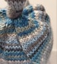 Handknit KNOTTY TOP BEANIE Stripey jacquard blue grey child teen adult small - Image 2