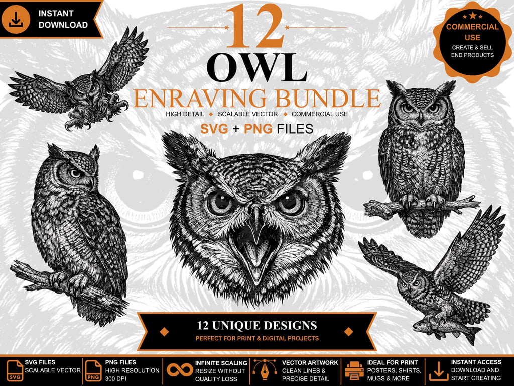 12 Vintage Owl Engraving SVGs Owl Clipart Bundle (Digital Download)