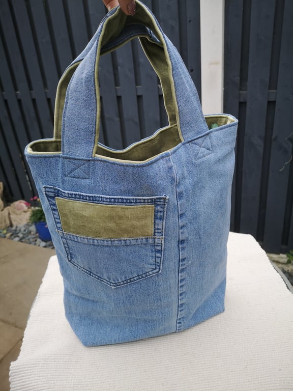 Upcycled Denim Tote Bag – Handmade Recycled Jeans tote with green velvet style 