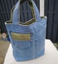 Upcycled Denim Tote Bag – Handmade Recycled Jeans tote with green velvet style 