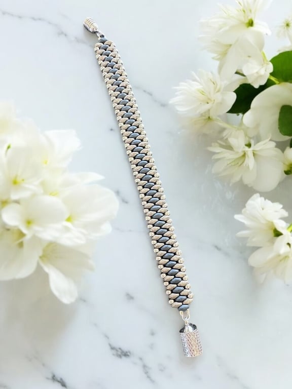 Slim SuperDuo Bracelet - Old Silver & Mottled Blue