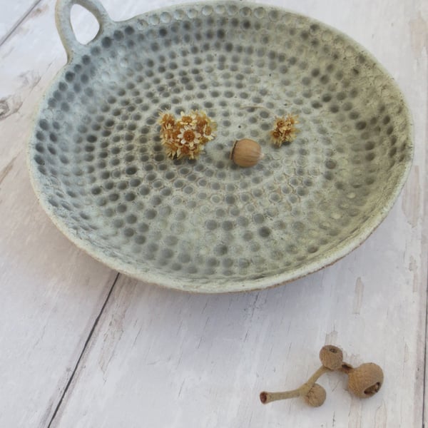 CANDLE DISH hand-built stoneware pottery in matt pale green