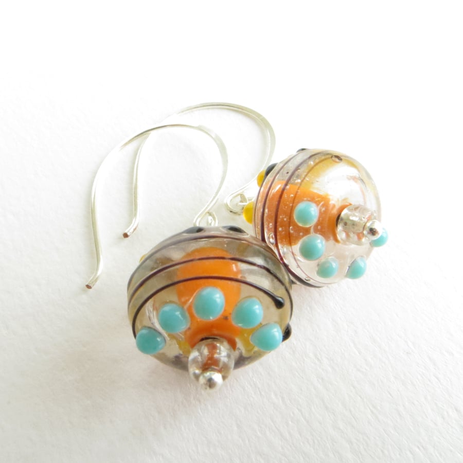 SALE Orange and Turquoise Earrings, Lampwork Glass Beads, Swirl and Spot Earring
