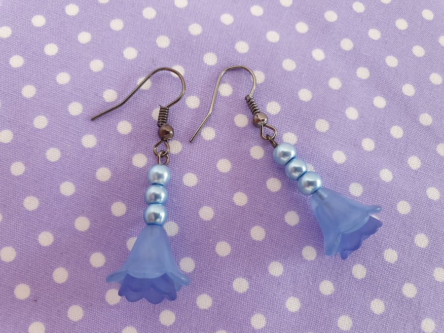 Blue Flower and Gunmetal Drop Earrings 