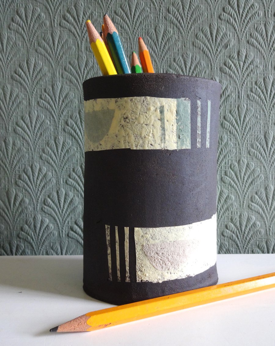 Vase, pen pencil pot, handmade ceramic, mid century modern design, abstract art.