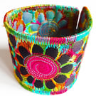 Cuff - Fabric Bracelet with Free Machine Embroidery with Flowers