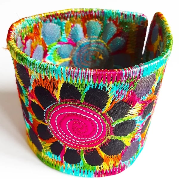 Cuff - Fabric Bracelet with Free Machine Embroidery with Flowers