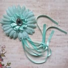 Aqua Blue Regency Daisy Flower Crystal & Ribbons Fascinator Hair Clip Headpiece