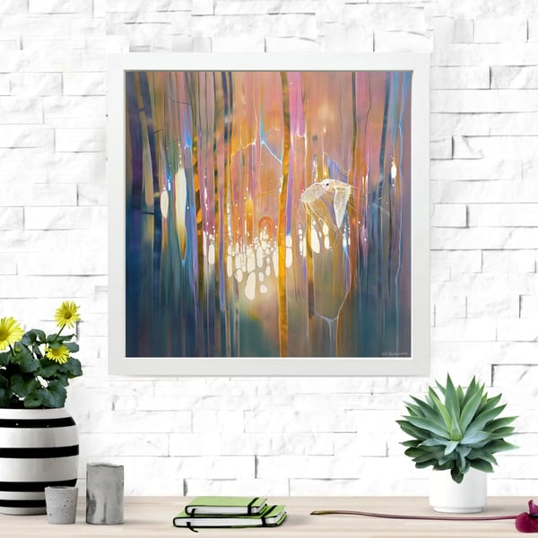 Athenas owl is a framed print on canvas of a painting of a white owl in autumn