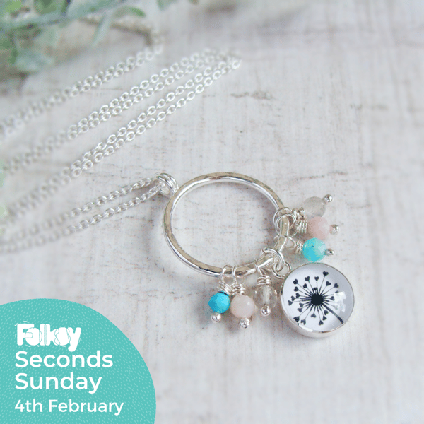 Seconds Sunday - Dandelion Charm Pendant with Amazonite, Pink Opals, Turquoise