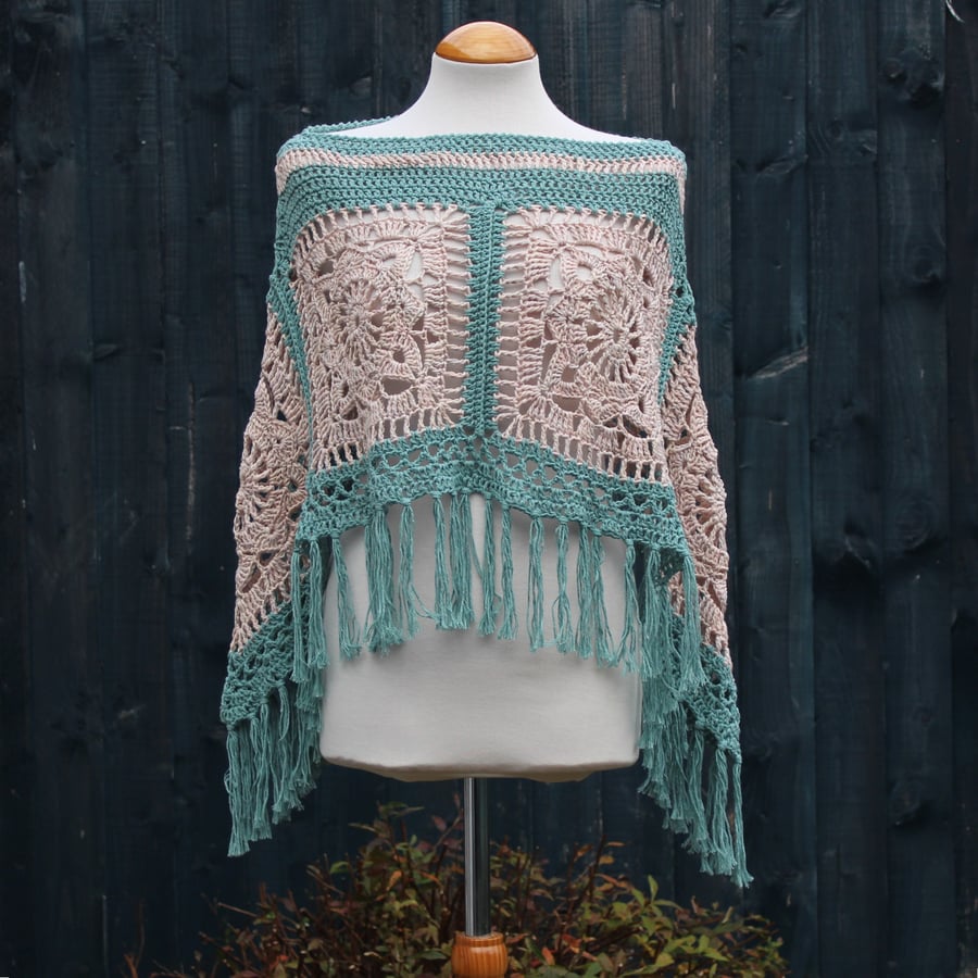 Sea Green & Mushroom Crochet Poncho - Design A452