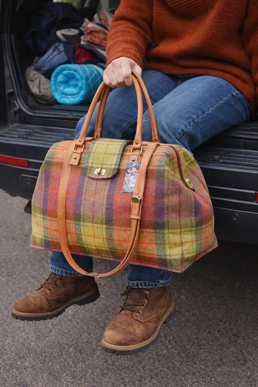 British wool tweed carpet bag tartan travel bag Mary Poppins style overnight bag