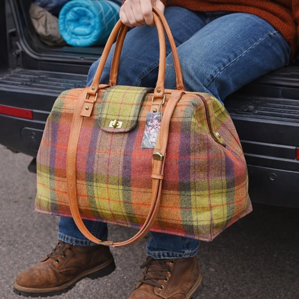 British wool tweed carpet bag tartan travel bag Mary Poppins style overnight bag